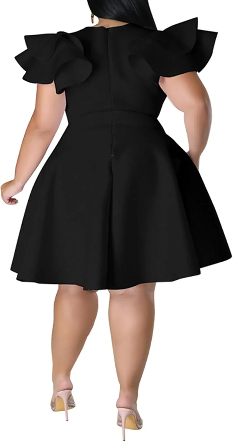 Sexyshine Women's Plus Size Cape Flutter Sleeve A Line Ruffle Swing Flared Skater Midi Dress Cocktail Party Formal Dress
