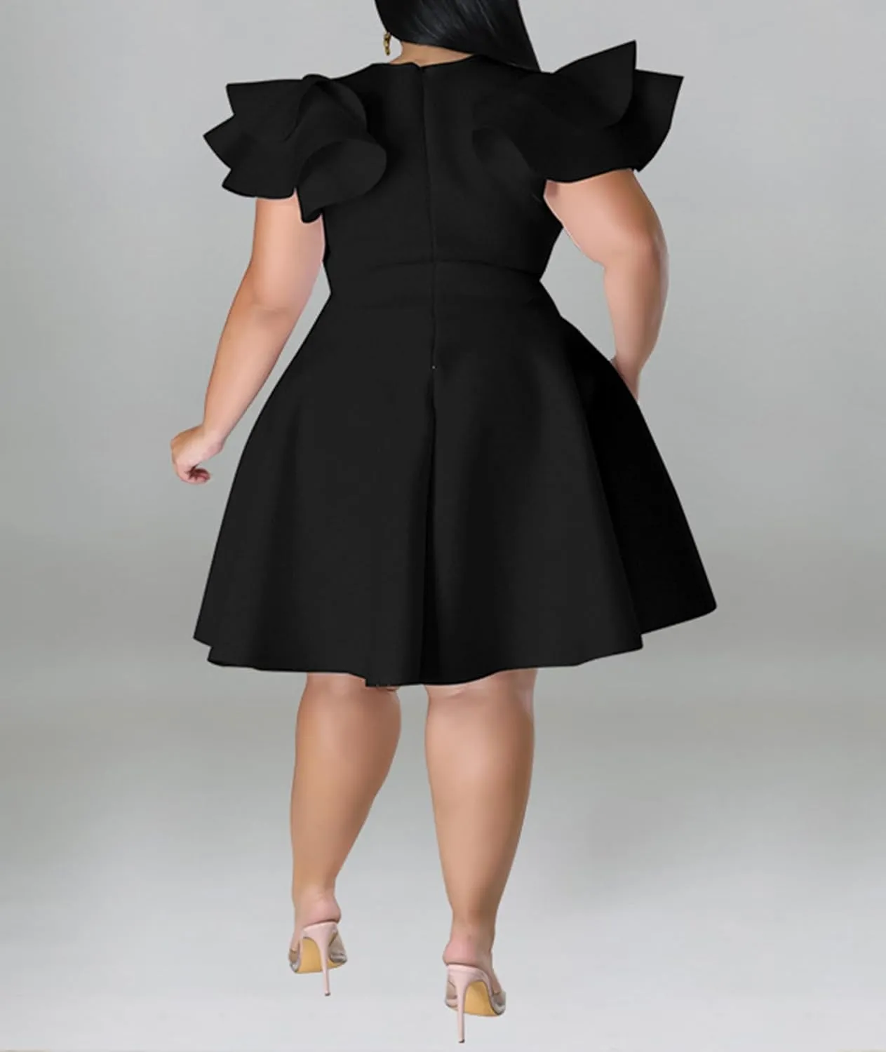 Sexyshine Women's Plus Size Cape Flutter Sleeve A Line Ruffle Swing Flared Skater Midi Dress Cocktail Party Formal Dress