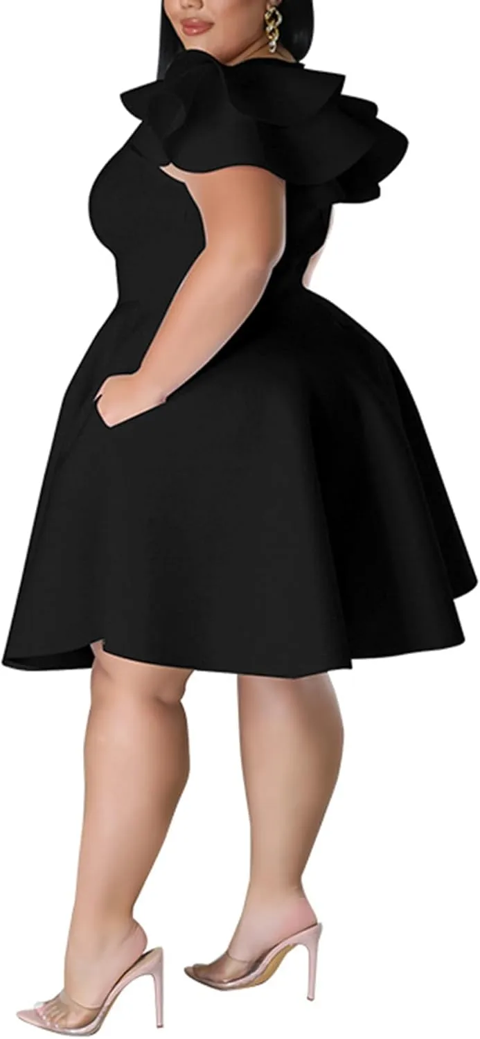Sexyshine Women's Plus Size Cape Flutter Sleeve A Line Ruffle Swing Flared Skater Midi Dress Cocktail Party Formal Dress