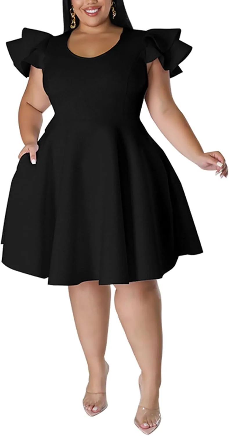 Sexyshine Women's Plus Size Cape Flutter Sleeve A Line Ruffle Swing Flared Skater Midi Dress Cocktail Party Formal Dress