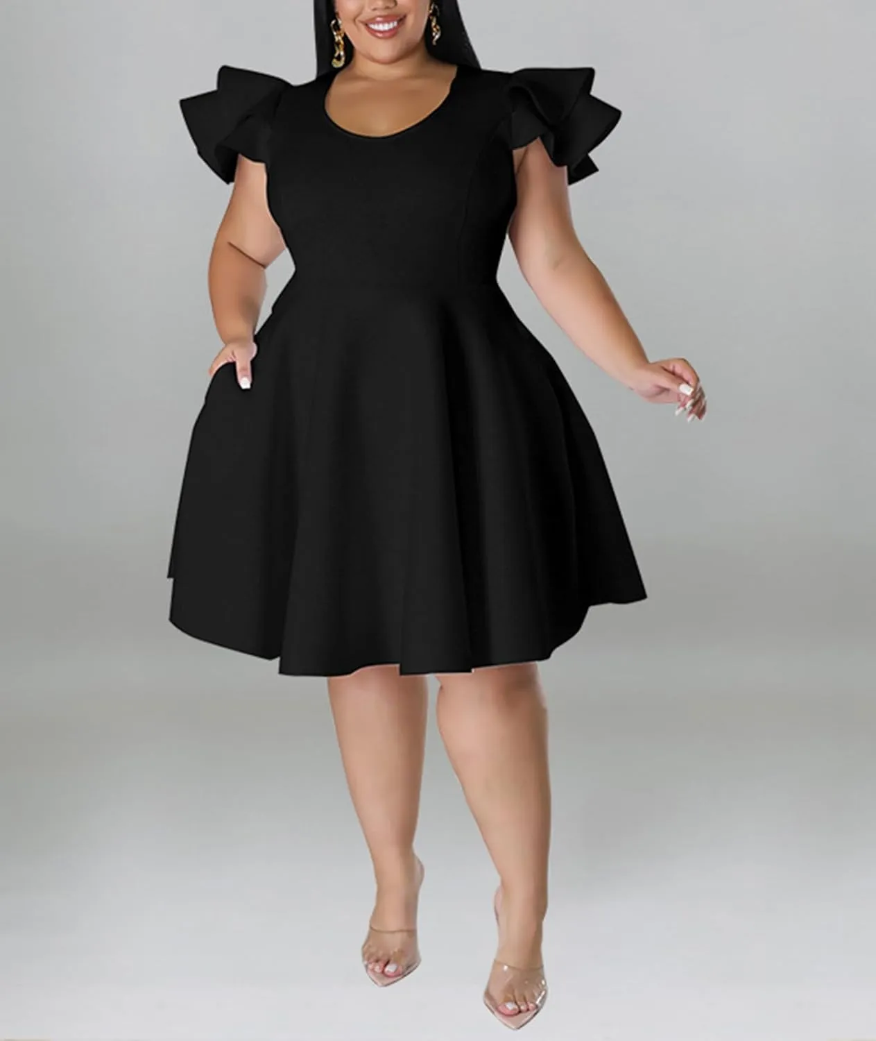 Sexyshine Women's Plus Size Cape Flutter Sleeve A Line Ruffle Swing Flared Skater Midi Dress Cocktail Party Formal Dress