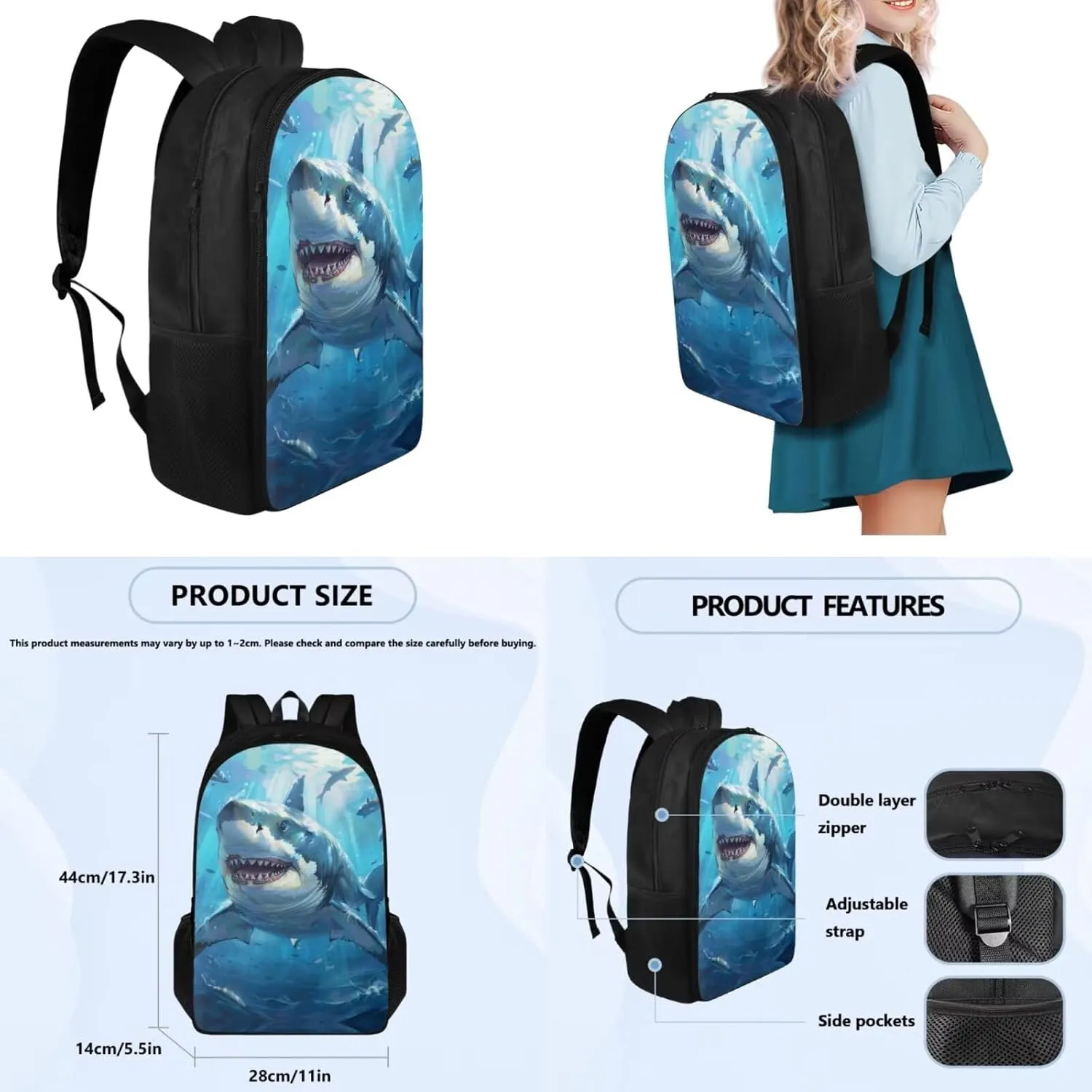 Shark Simple Modern Backpack and Lunch Box Set 17 Inch Kawaii Large School Backpack for Teen Boys 4pcs Large Capacity Pencil Case Lightweight Easy Clean Computer Water Bottle Carrier Bag