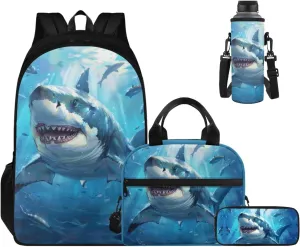 Shark Simple Modern Backpack and Lunch Box Set 17 Inch Kawaii Large School Backpack for Teen Boys 4pcs Large Capacity Pencil Case Lightweight Easy Clean Computer Water Bottle Carrier Bag