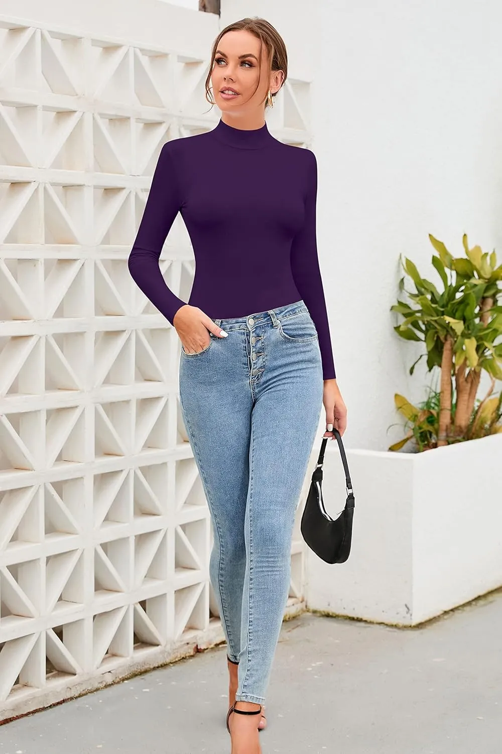 SHEIUGU Womens Long Sleeve Sleeveless Mock Turtle Neck Tops Basic Stretchy Fitted Underwear Layer Tee Shirts