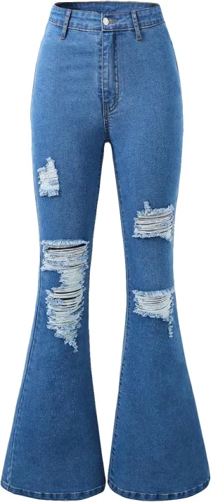 SHENHE Girl's Ripped Bell Bottom Zipper Jeans Distressed Flare Denim Pants