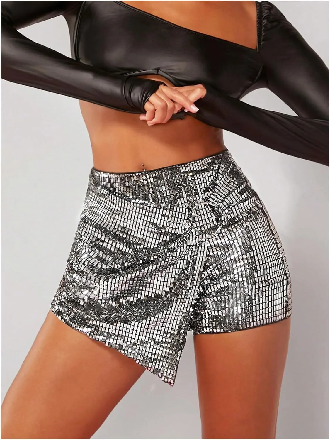 SHENHE Women's Glitter Shiny Shorts O Ring Wrap Skort Skirt Party Rave Sparkle Shorts