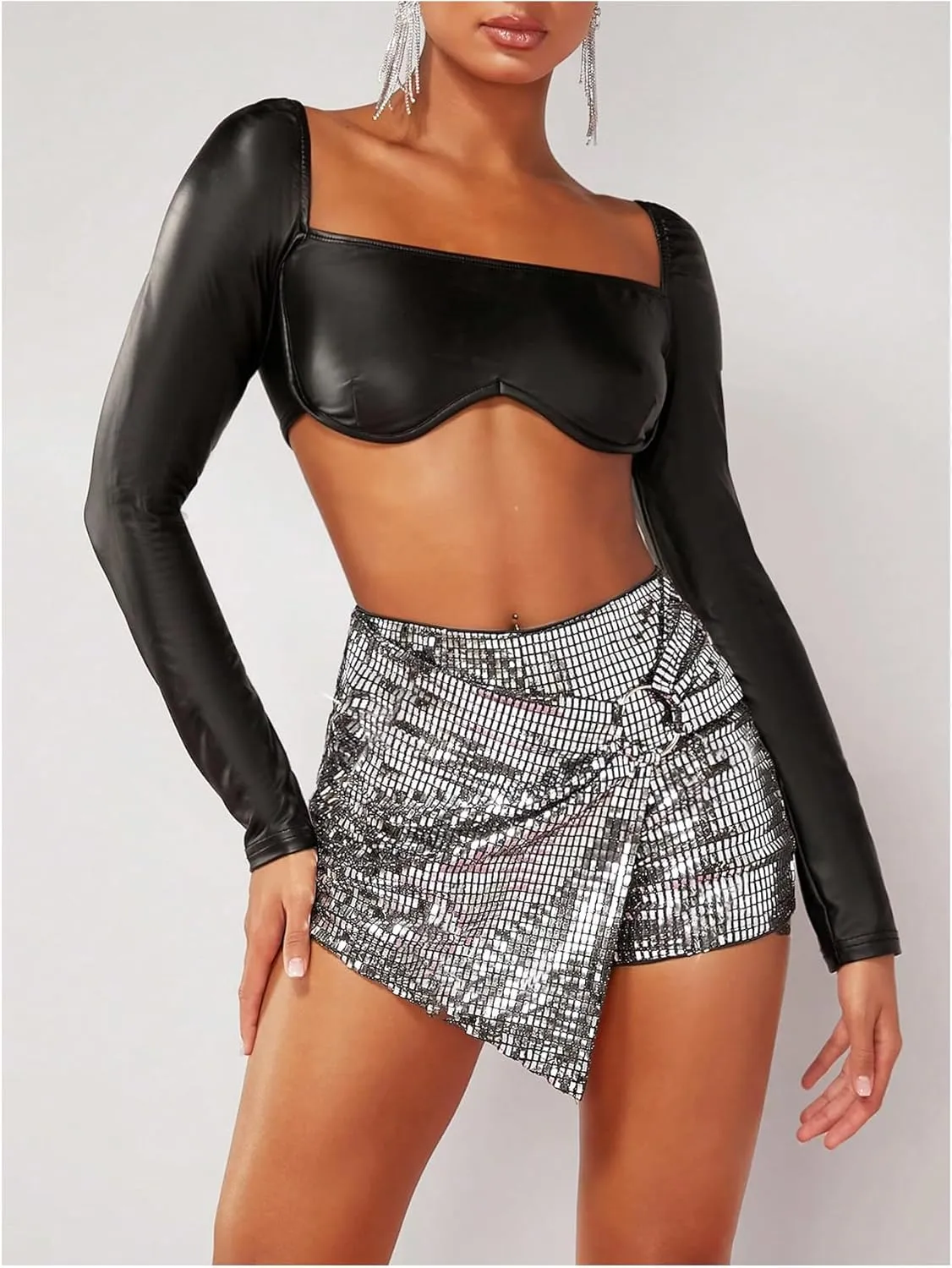 SHENHE Women's Glitter Shiny Shorts O Ring Wrap Skort Skirt Party Rave Sparkle Shorts