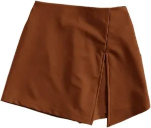 Shorts for Women Summer 2024 Solid Color Elastic Waist Slit Front Skort Trendy Skirt Shorts