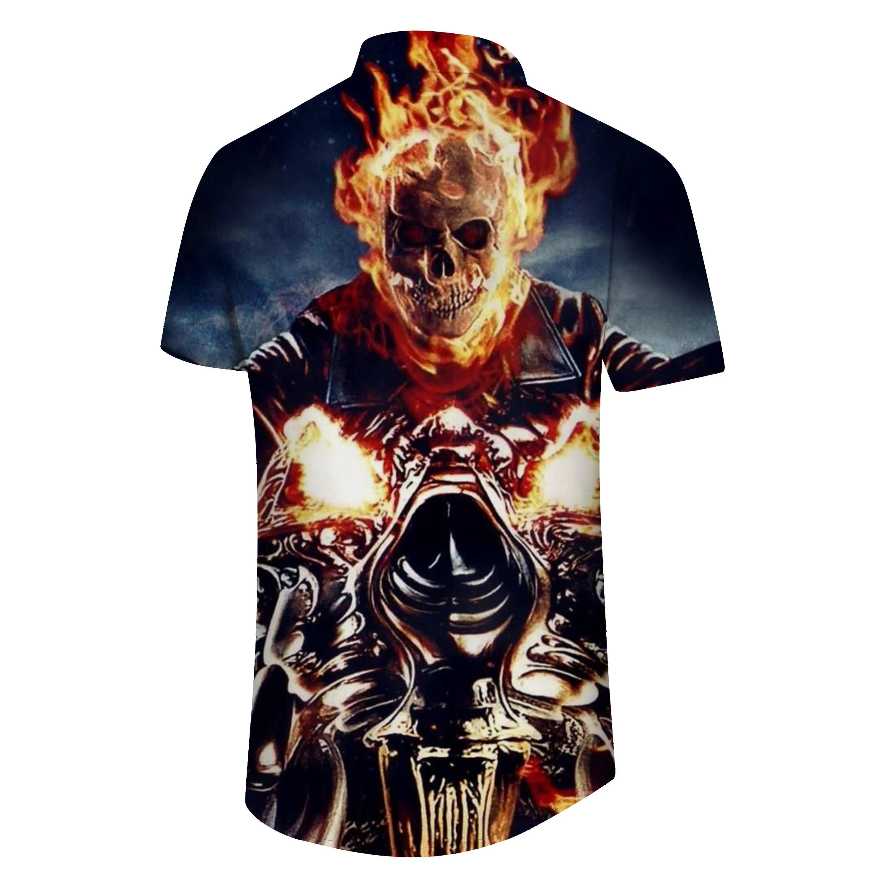 Skull Halloween Hawaiian Men's Casual Button Mixed Color Flame Skeleton King Costume Shirt Short Sleeve