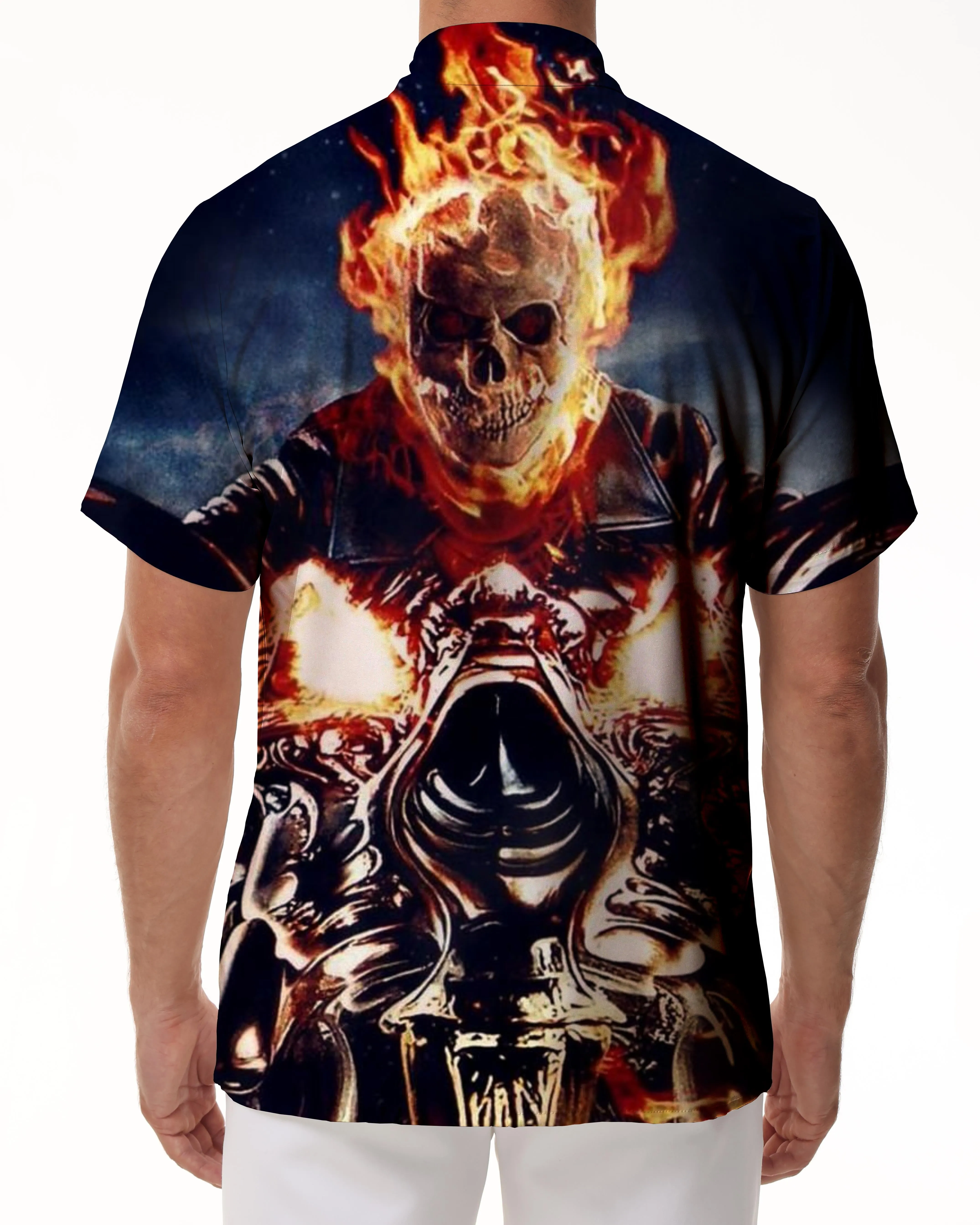 Skull Halloween Hawaiian Men's Casual Button Mixed Color Flame Skeleton King Costume Shirt Short Sleeve