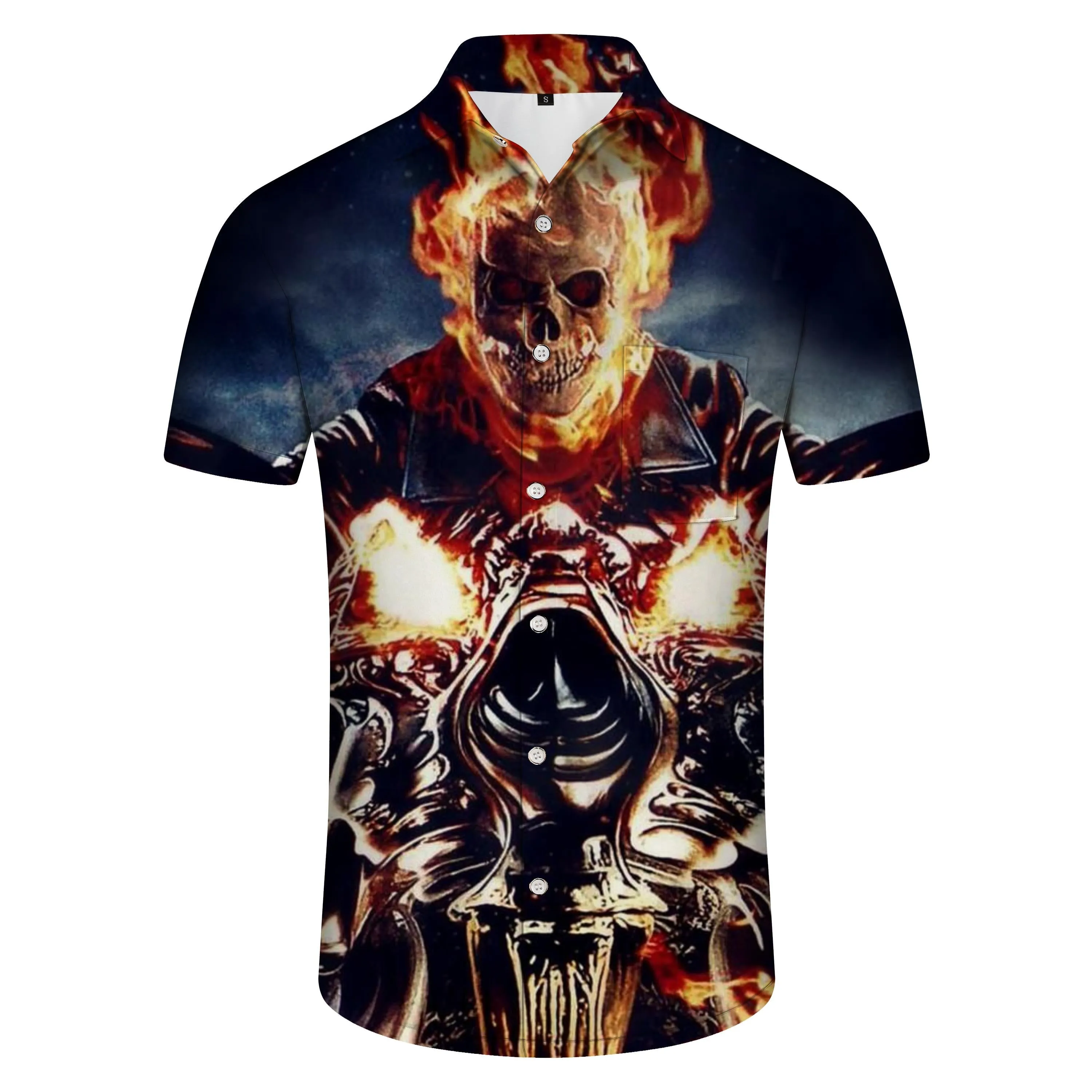Skull Halloween Hawaiian Men's Casual Button Mixed Color Flame Skeleton King Costume Shirt Short Sleeve