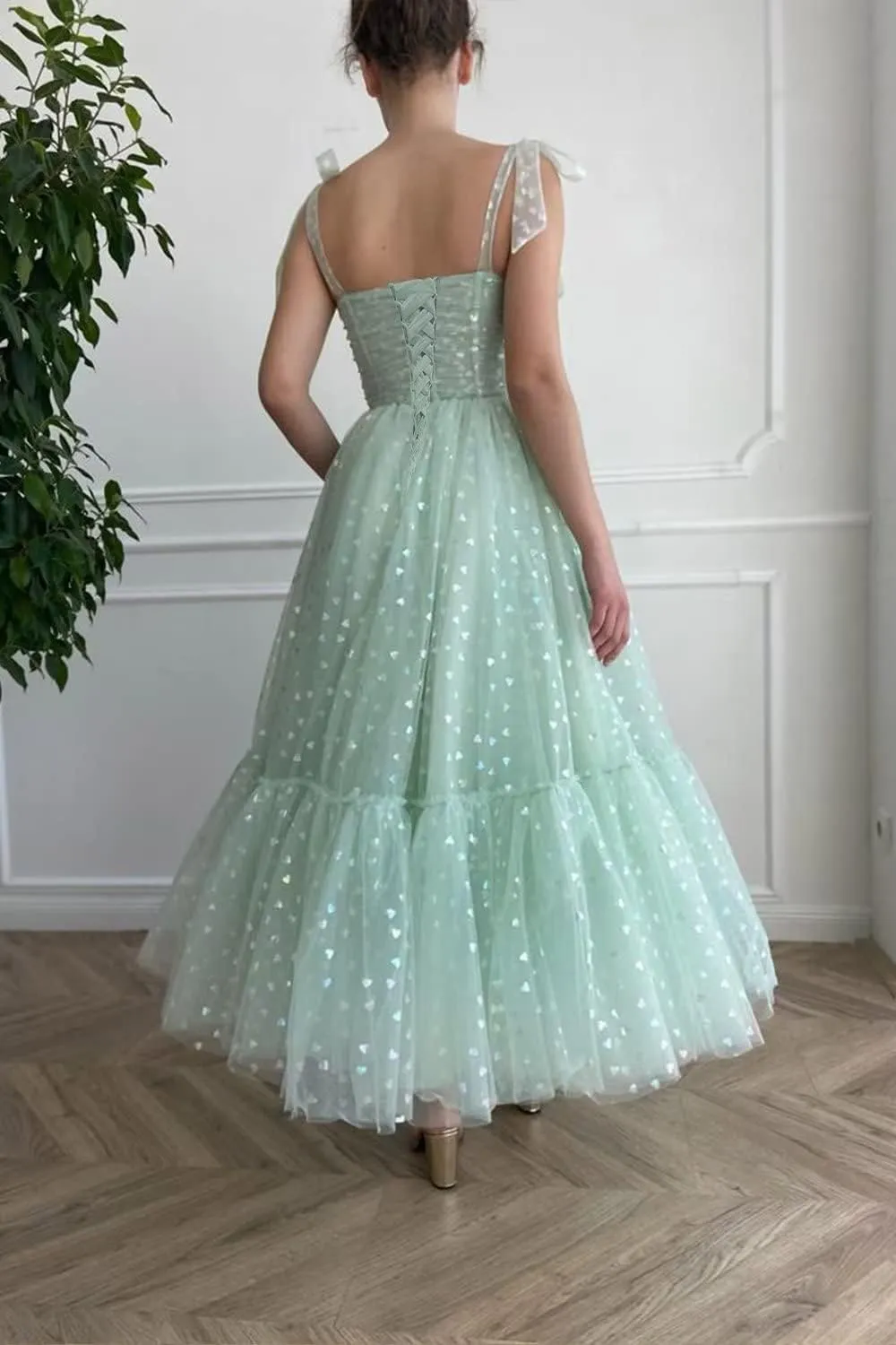 SoDigne Hearty Tulle Prom Dresses Tea Length Spaghetti Straps Formal Evening Party Gowns for Women