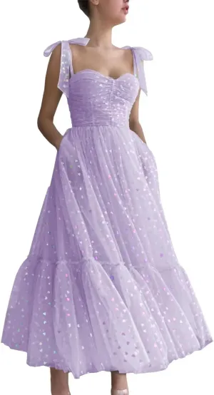 SoDigne Hearty Tulle Prom Dresses Tea Length Spaghetti Straps Formal Evening Party Gowns for Women