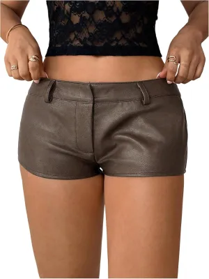 SOLY HUX Women's PU Leather Shorts Retro Straight Leg Party Music Festival Mini Shorts