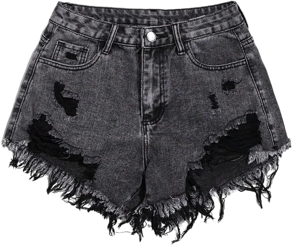 SOLY HUX Women's Ripped Raw Hem Jean Shorts High Waisted Straight Leg Denim Shorts Streetwear