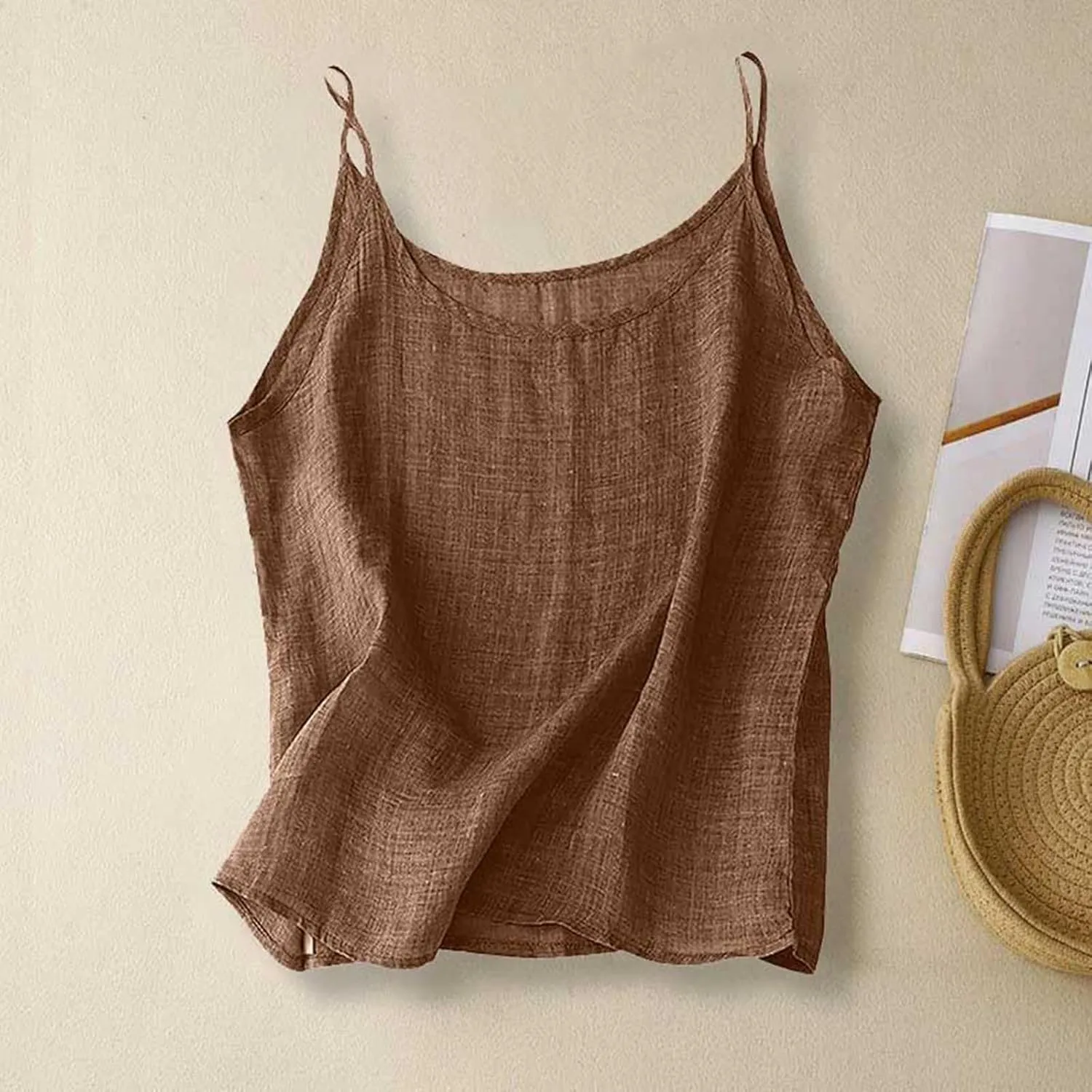 Spaghetti Strap Peplum Tops for Women Trendy Loose Fit Tank Cotton Linen Sleeveless Shirts Casual Vacation Outfits