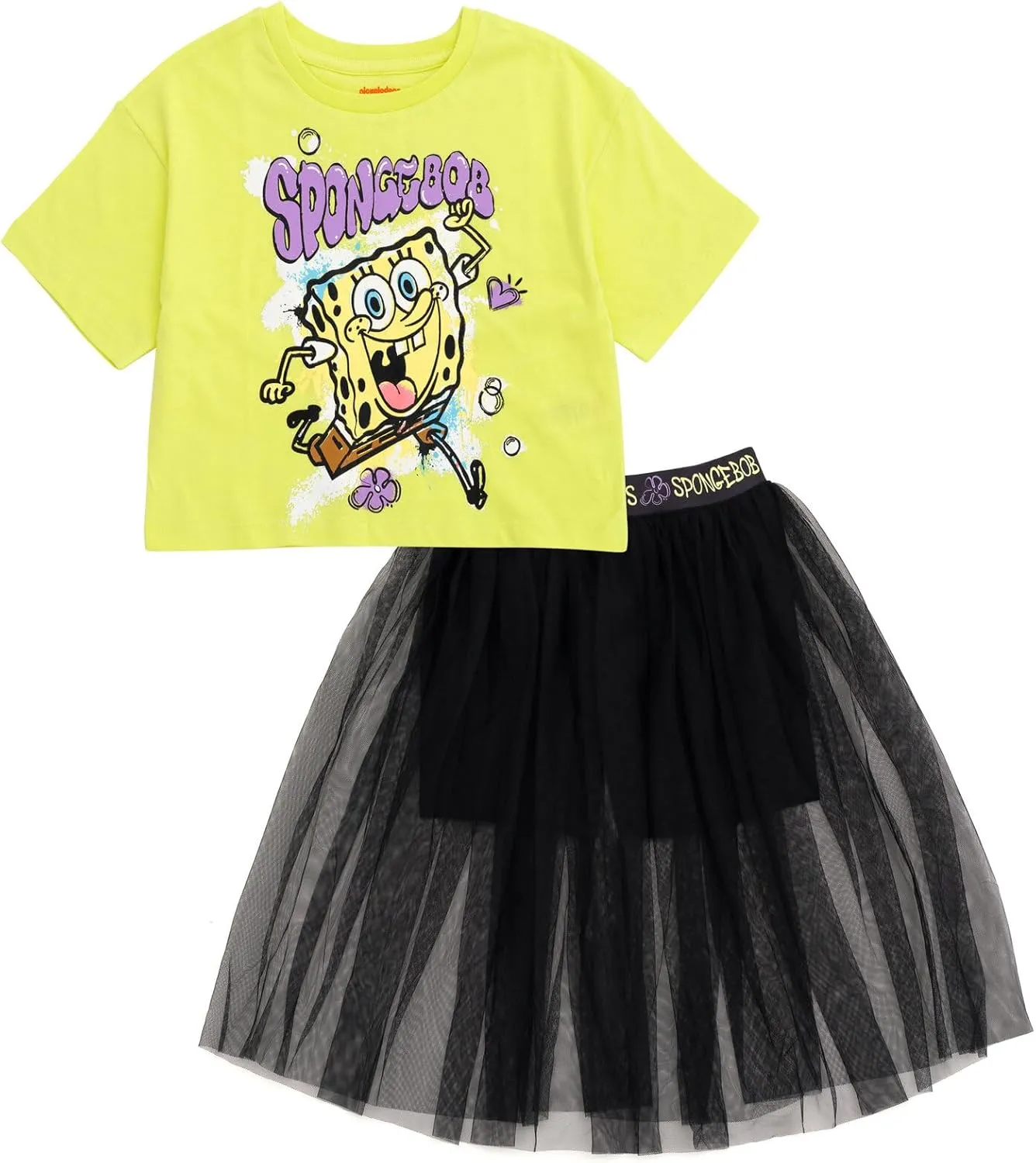 SpongeBob SquarePants Girls Boxy Drop Shoulder T-Shirt and Tulle Skort Toddler to Big Kid Sizes (2T - 18-20)