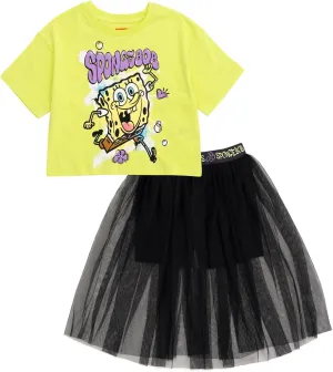 SpongeBob SquarePants Girls Boxy Drop Shoulder T-Shirt and Tulle Skort Toddler to Big Kid Sizes (2T - 18-20)
