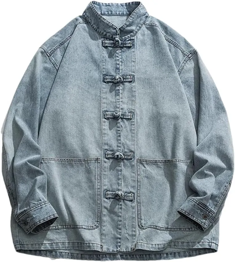 Spring and Autumn Men's Chinese Style Denim Jacket Stand Collar Denim Jacket Men's Casual Cotton Denim Jacket