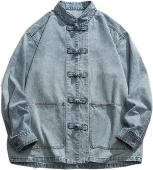 Spring and Autumn Men's Chinese Style Denim Jacket Stand Collar Denim Jacket Men's Casual Cotton Denim Jacket