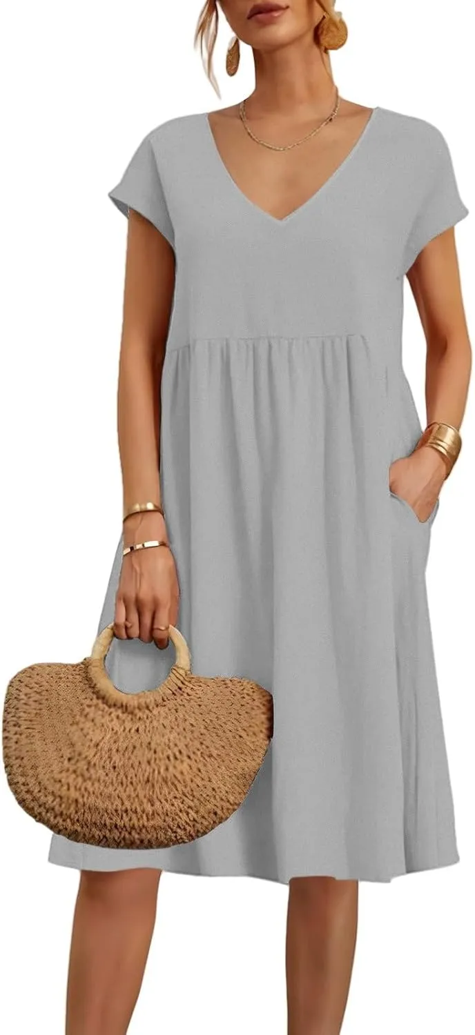 Summer Dresses for Women 2025 Casual V Neck Cotton Linen Dress Plus Size Comfy Flowy Beach Vacation Midi Sundresses