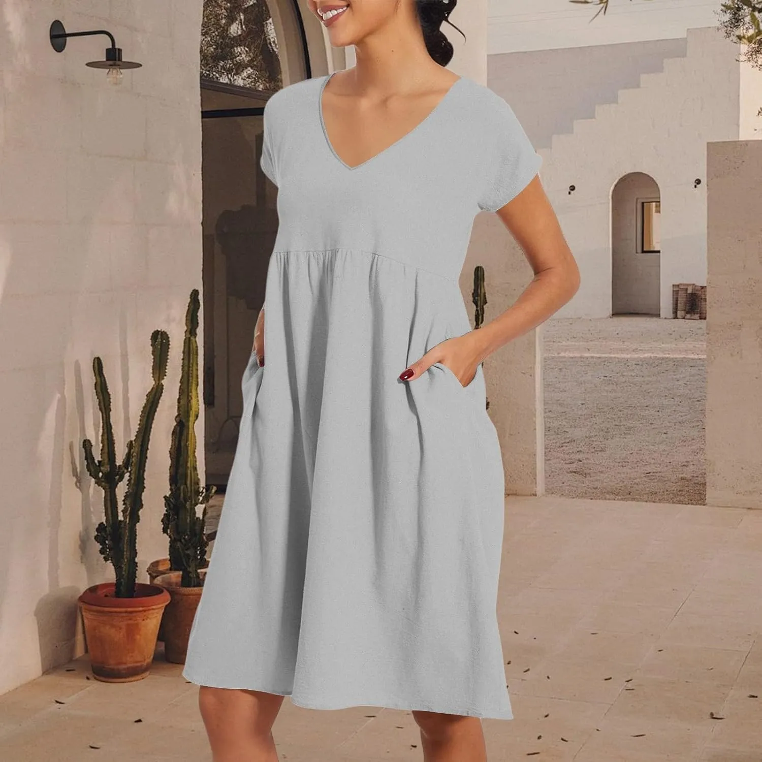 Summer Dresses for Women 2025 Casual V Neck Cotton Linen Dress Plus Size Comfy Flowy Beach Vacation Midi Sundresses