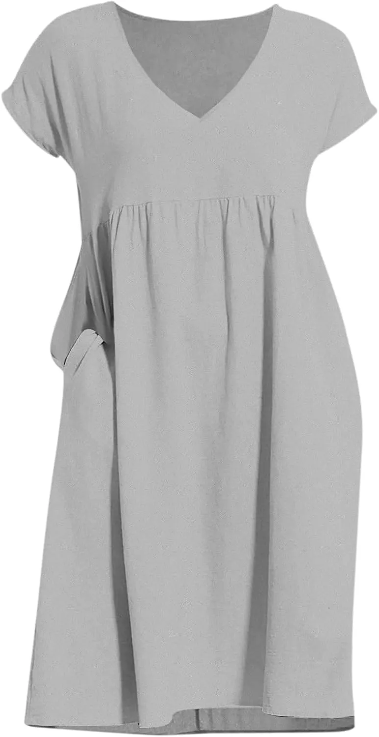 Summer Dresses for Women 2025 Casual V Neck Cotton Linen Dress Plus Size Comfy Flowy Beach Vacation Midi Sundresses