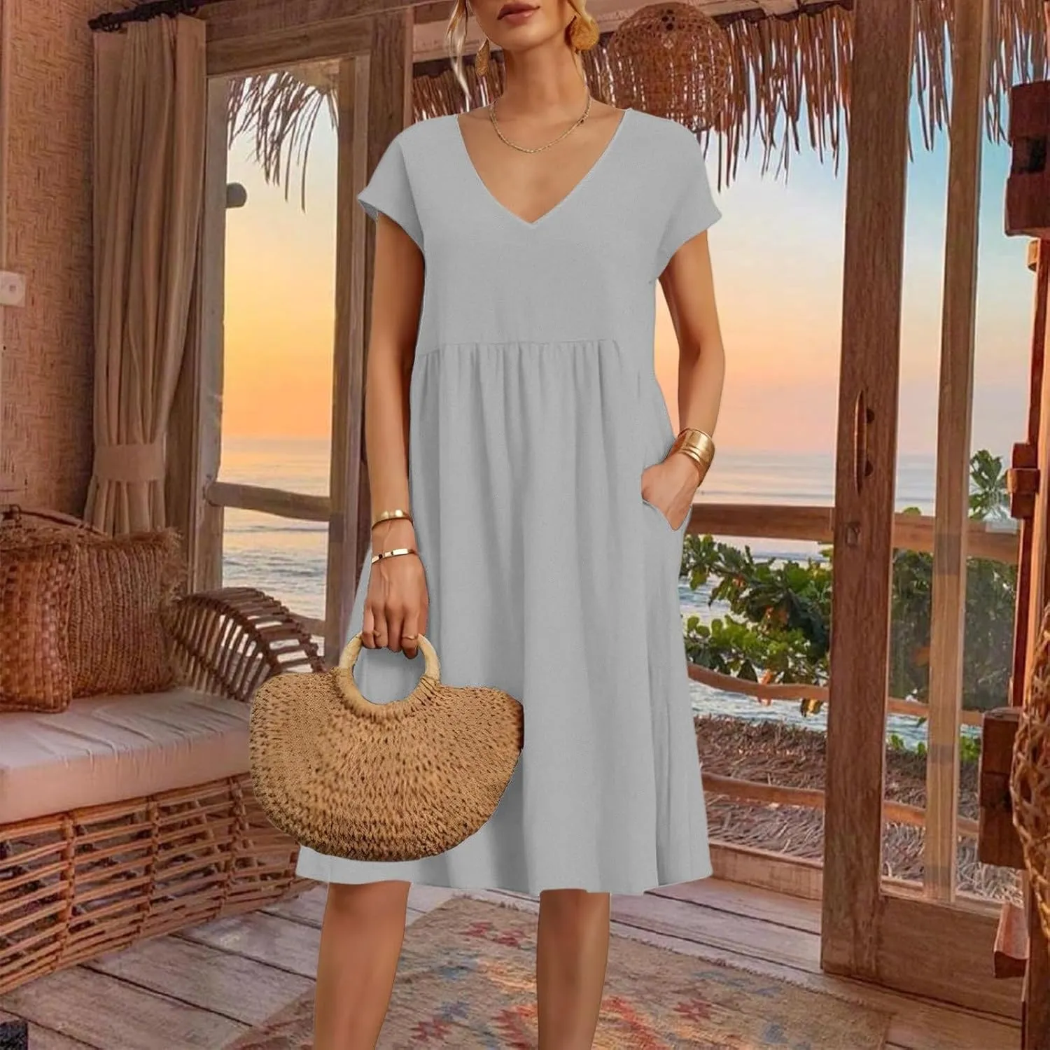 Summer Dresses for Women 2025 Casual V Neck Cotton Linen Dress Plus Size Comfy Flowy Beach Vacation Midi Sundresses