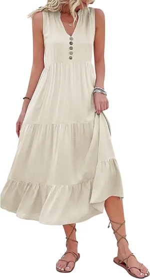 Summer Flowy Maxi Dress with Pockets Sleeveless Loose Casual Sundress V-Neck Tiered Sun Dress for Beach Cruise Vacations