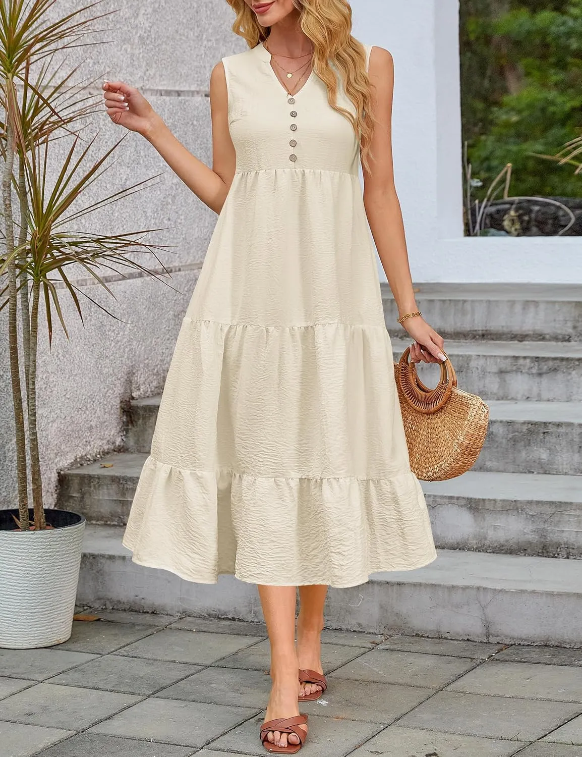 Summer Flowy Maxi Dress with Pockets Sleeveless Loose Casual Sundress V-Neck Tiered Sun Dress for Beach Cruise Vacations