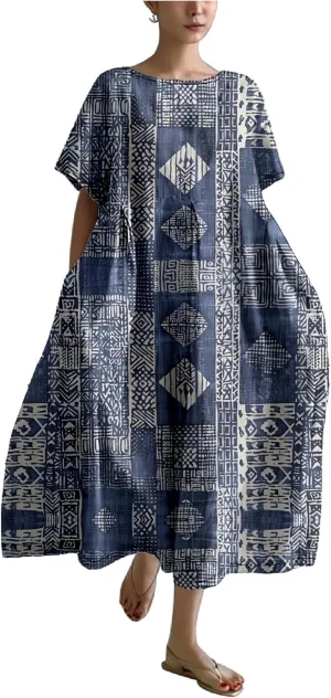 Summer Linen Sun Midi Plus Size Dress Short Sleeve Casual with Pockets Flowy A Line House T Shirt Dress
