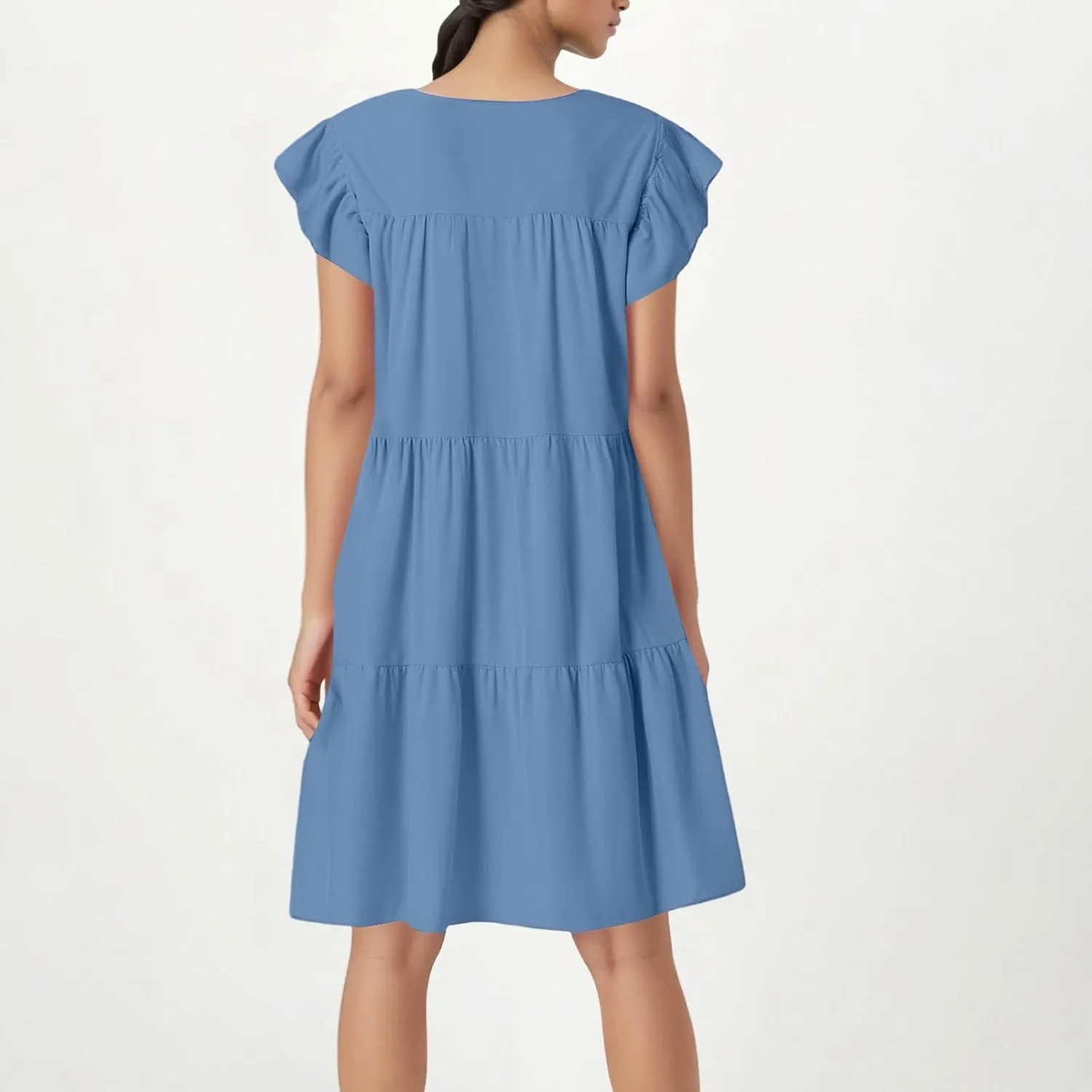 Summer Midi Dresses for Women 2025 Casual Ruffle Cap Sleeve Boat Neck Babydoll Dress Loose Tiered Long Flowy Dress