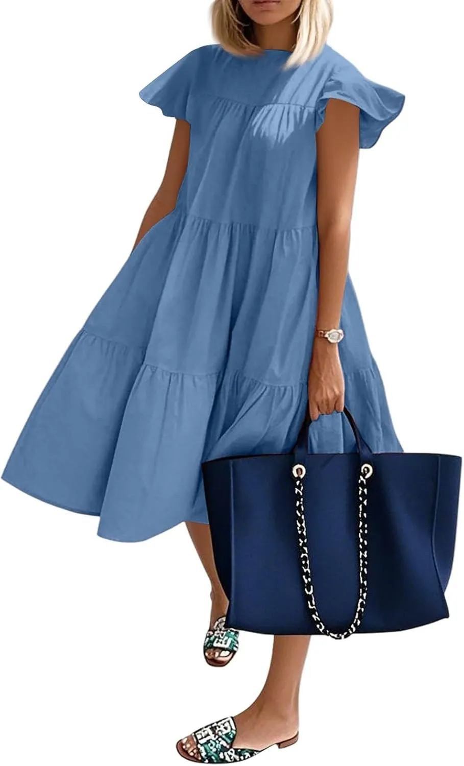 Summer Midi Dresses for Women 2025 Casual Ruffle Cap Sleeve Boat Neck Babydoll Dress Loose Tiered Long Flowy Dress