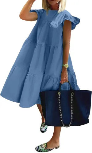 Summer Midi Dresses for Women 2025 Casual Ruffle Cap Sleeve Boat Neck Babydoll Dress Loose Tiered Long Flowy Dress