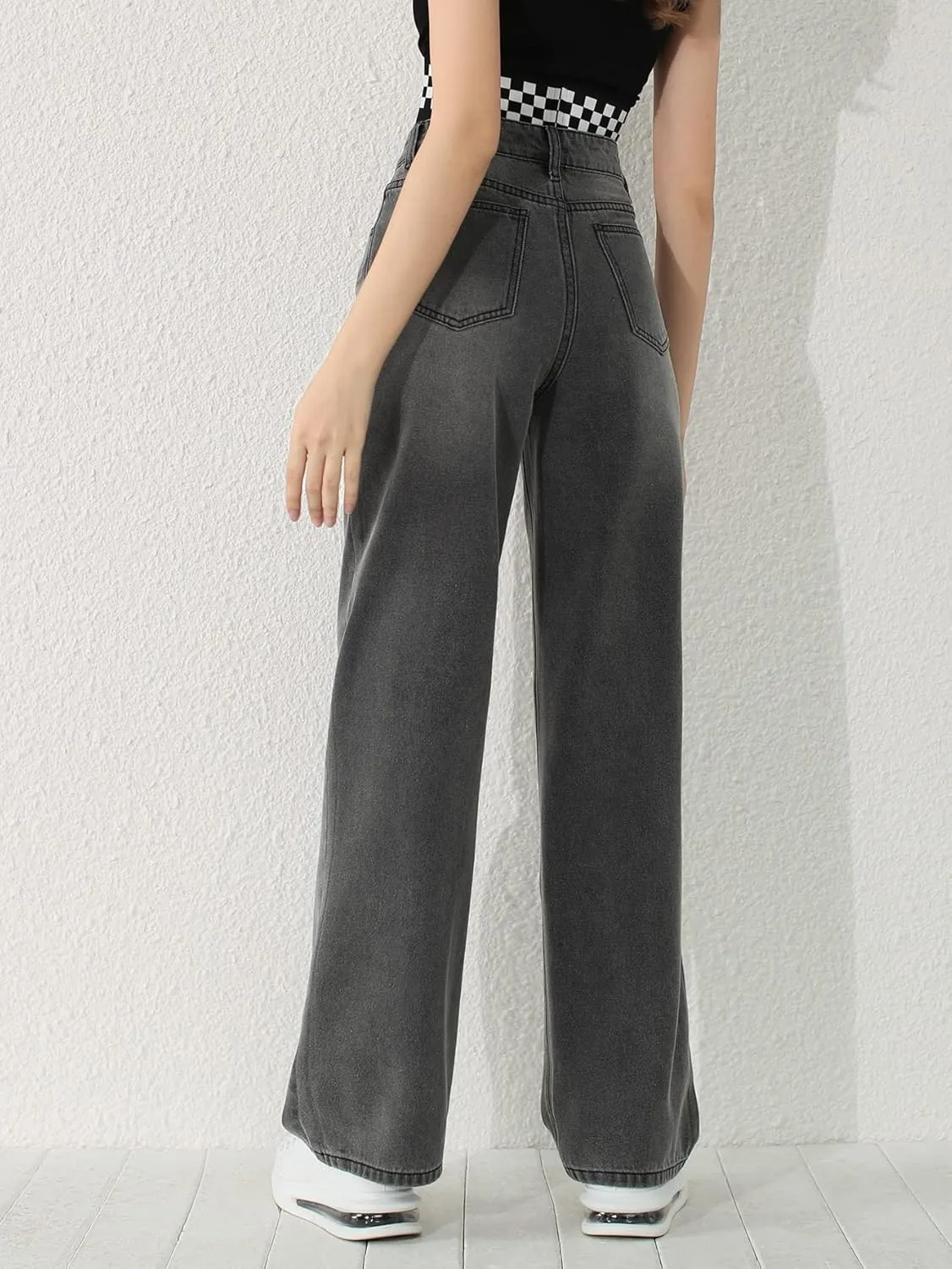 SweatyRocks Girl's High Waisted Solid Straight Leg Jeans Casual Loose Denim Pants