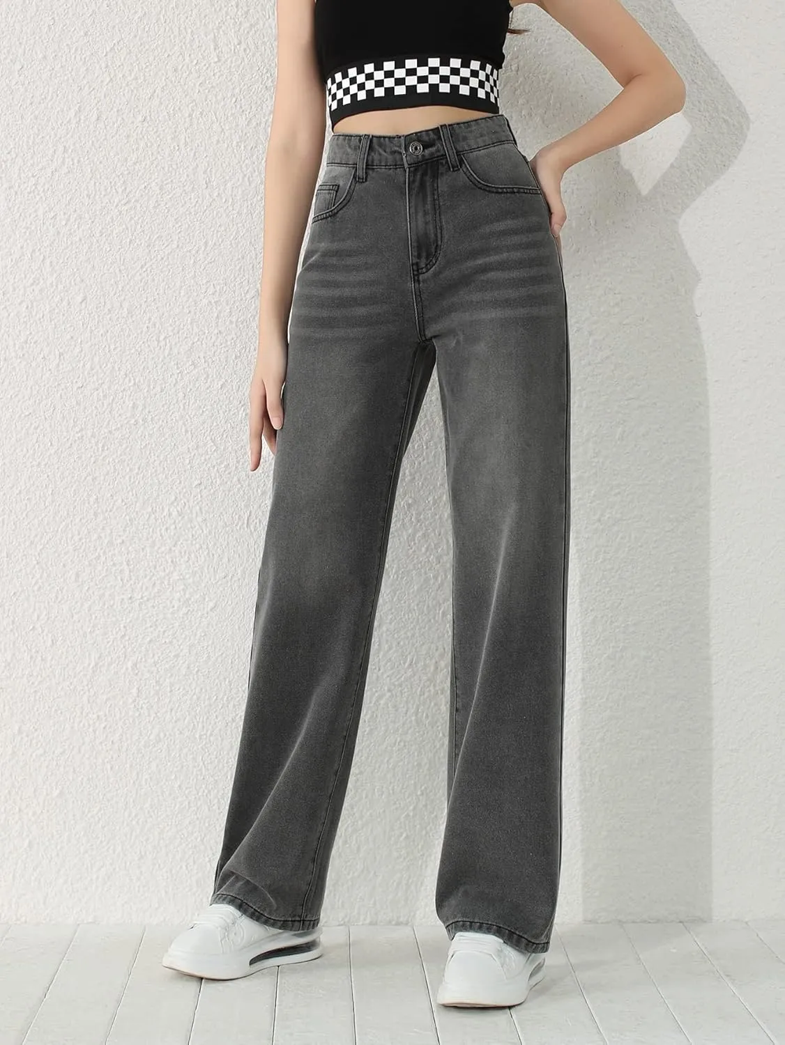 SweatyRocks Girl's High Waisted Solid Straight Leg Jeans Casual Loose Denim Pants
