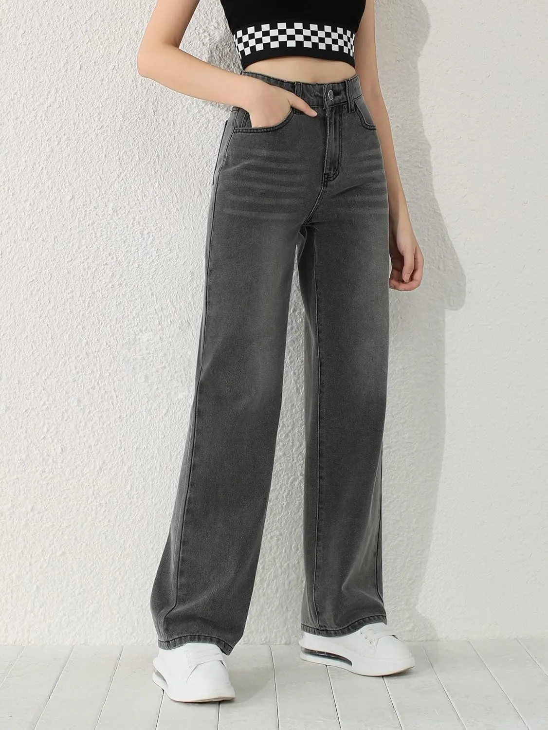 SweatyRocks Girl's High Waisted Solid Straight Leg Jeans Casual Loose Denim Pants
