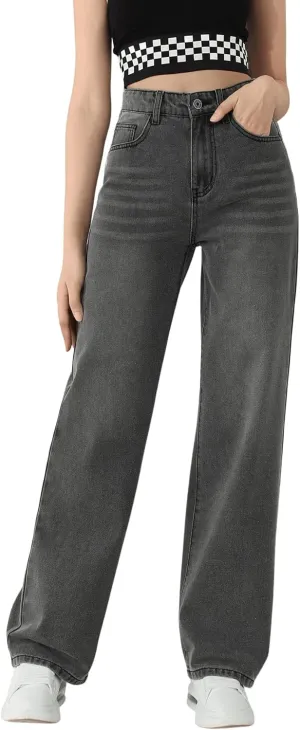 SweatyRocks Girl's High Waisted Solid Straight Leg Jeans Casual Loose Denim Pants
