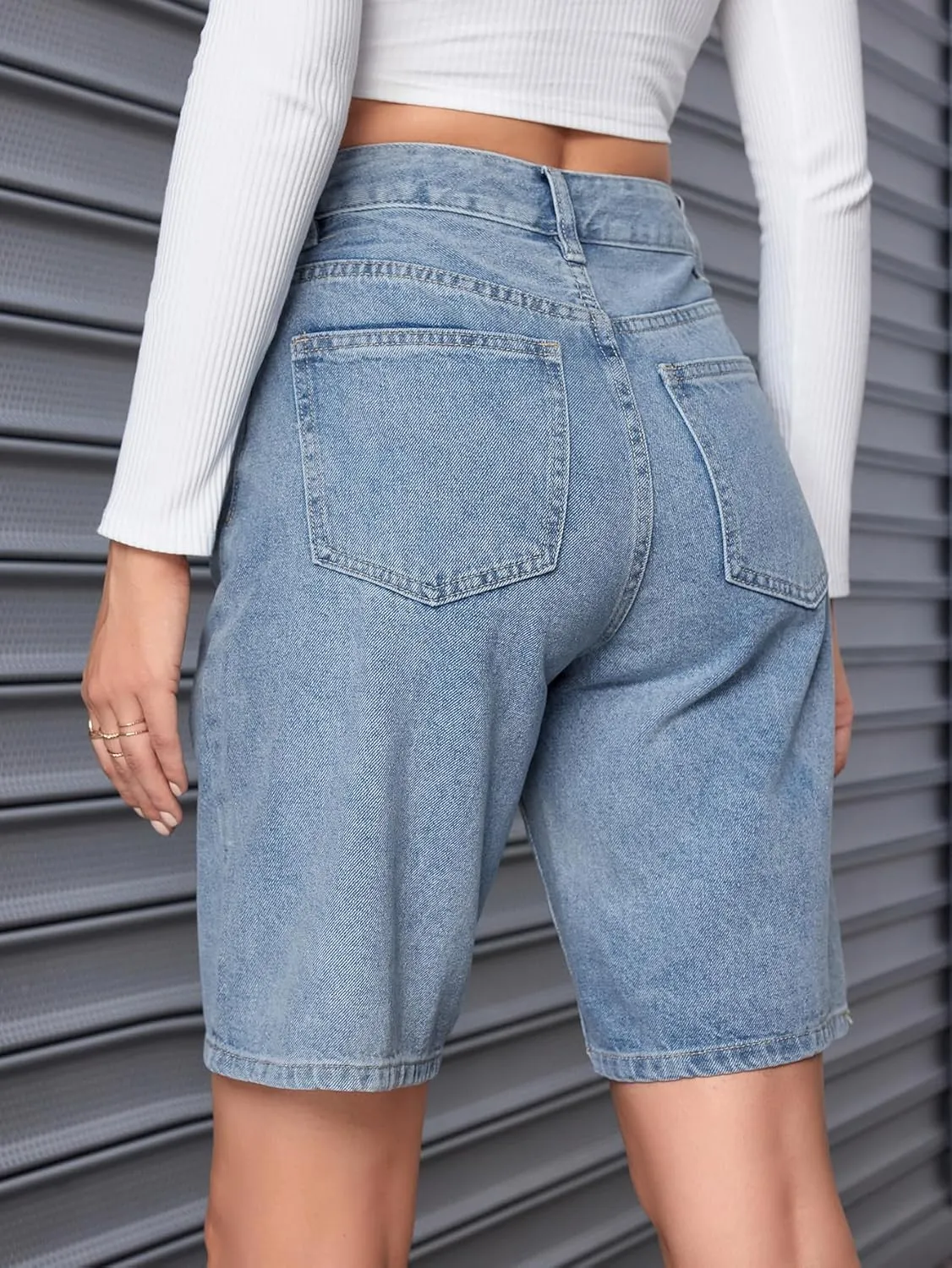 SweatyRocks Women's Casual High Rise Jean Shorts Straight Leg Zip Up Bermuda Denim Shorts