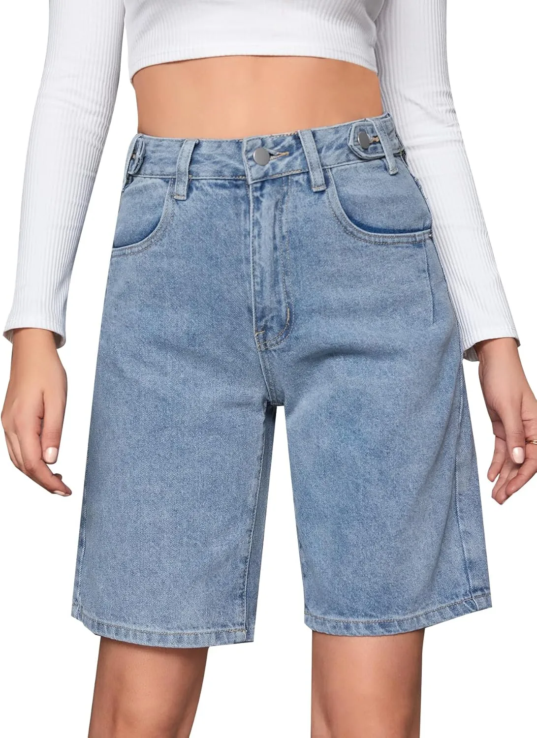 SweatyRocks Women's Casual High Rise Jean Shorts Straight Leg Zip Up Bermuda Denim Shorts
