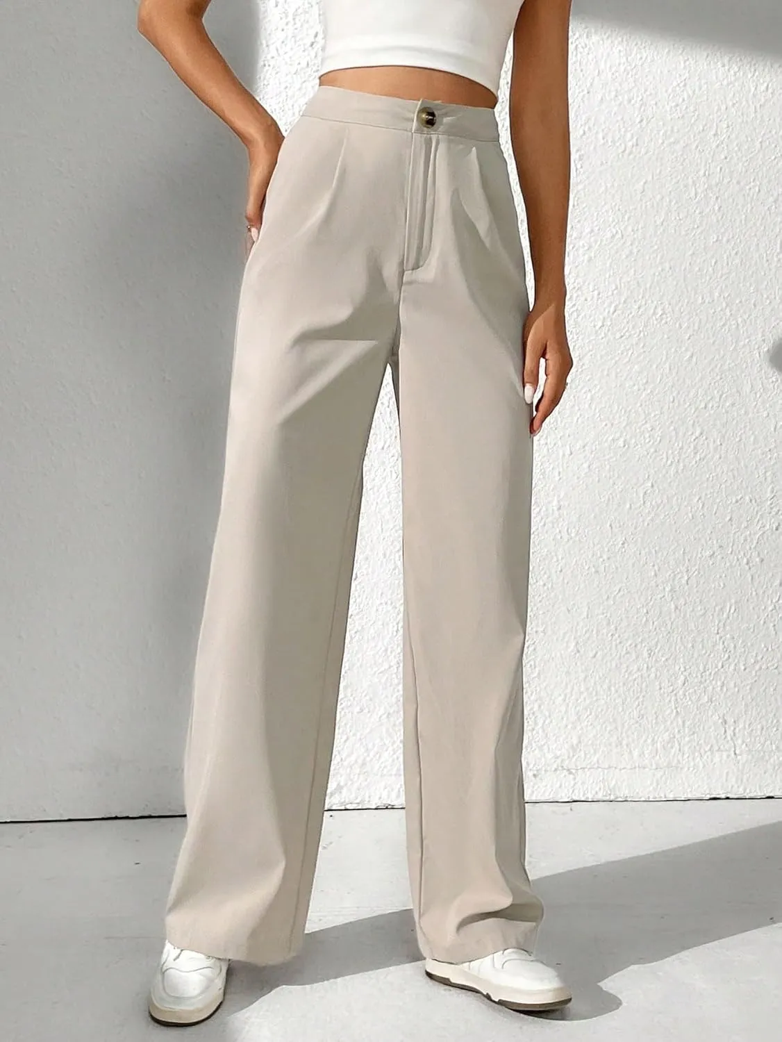 SweatyRocks Women's Casual High Waisted Wide Leg Pants Solid Pleated Loose Trouser Long Pants