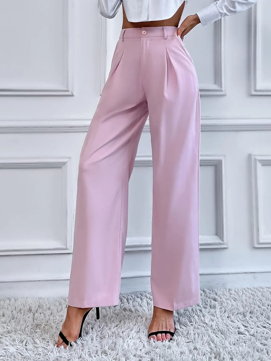 SweatyRocks Women's Casual High Waisted Wide Leg Pants Solid Pleated Loose Trouser Long Pants