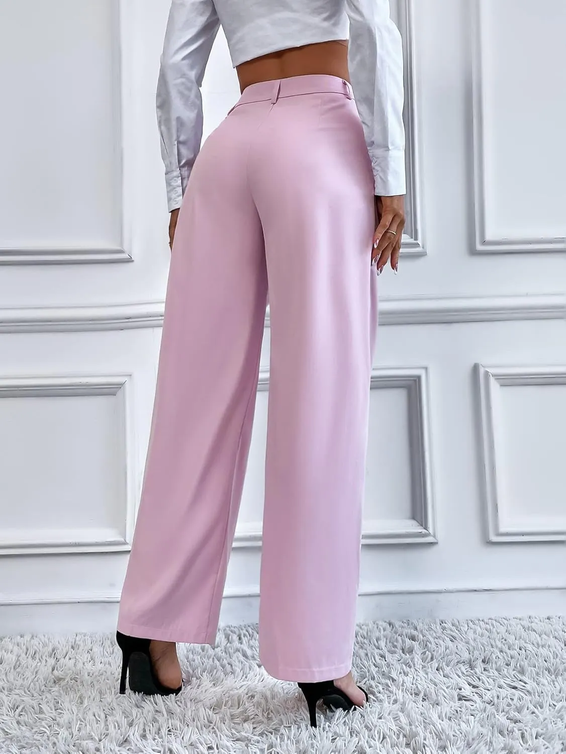 SweatyRocks Women's Casual High Waisted Wide Leg Pants Solid Pleated Loose Trouser Long Pants