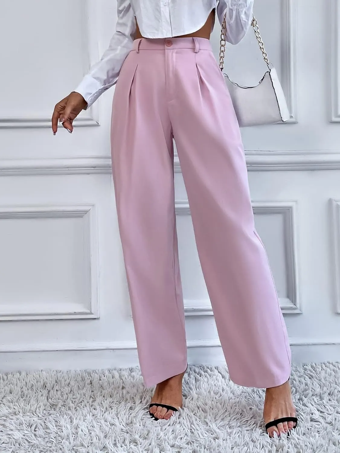 SweatyRocks Women's Casual High Waisted Wide Leg Pants Solid Pleated Loose Trouser Long Pants