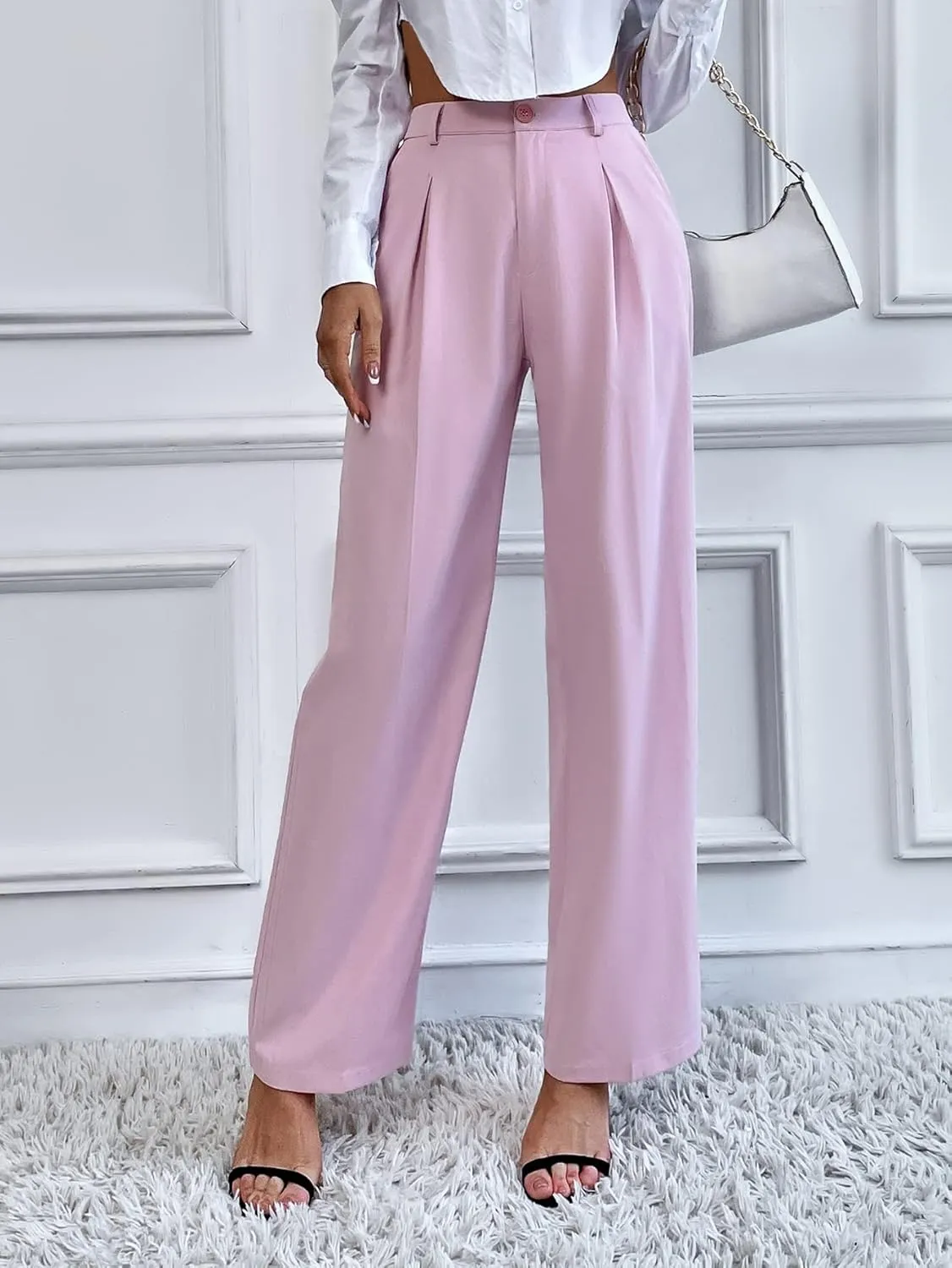 SweatyRocks Women's Casual High Waisted Wide Leg Pants Solid Pleated Loose Trouser Long Pants