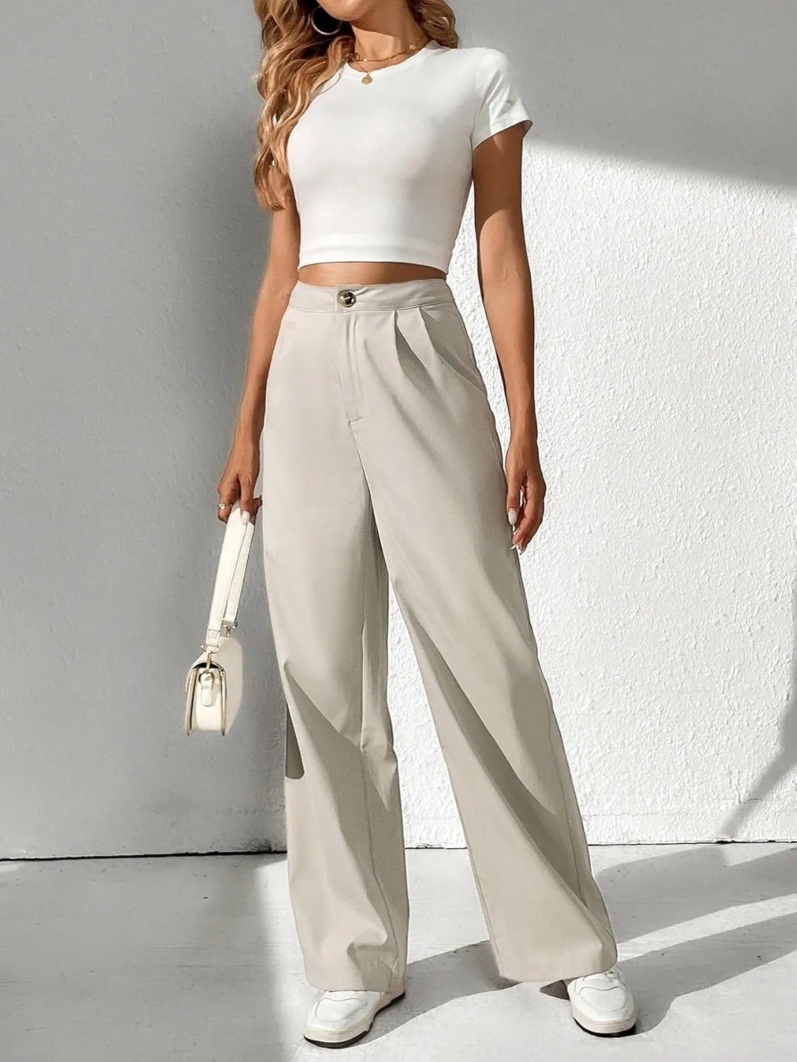 SweatyRocks Women's Casual High Waisted Wide Leg Pants Solid Pleated Loose Trouser Long Pants