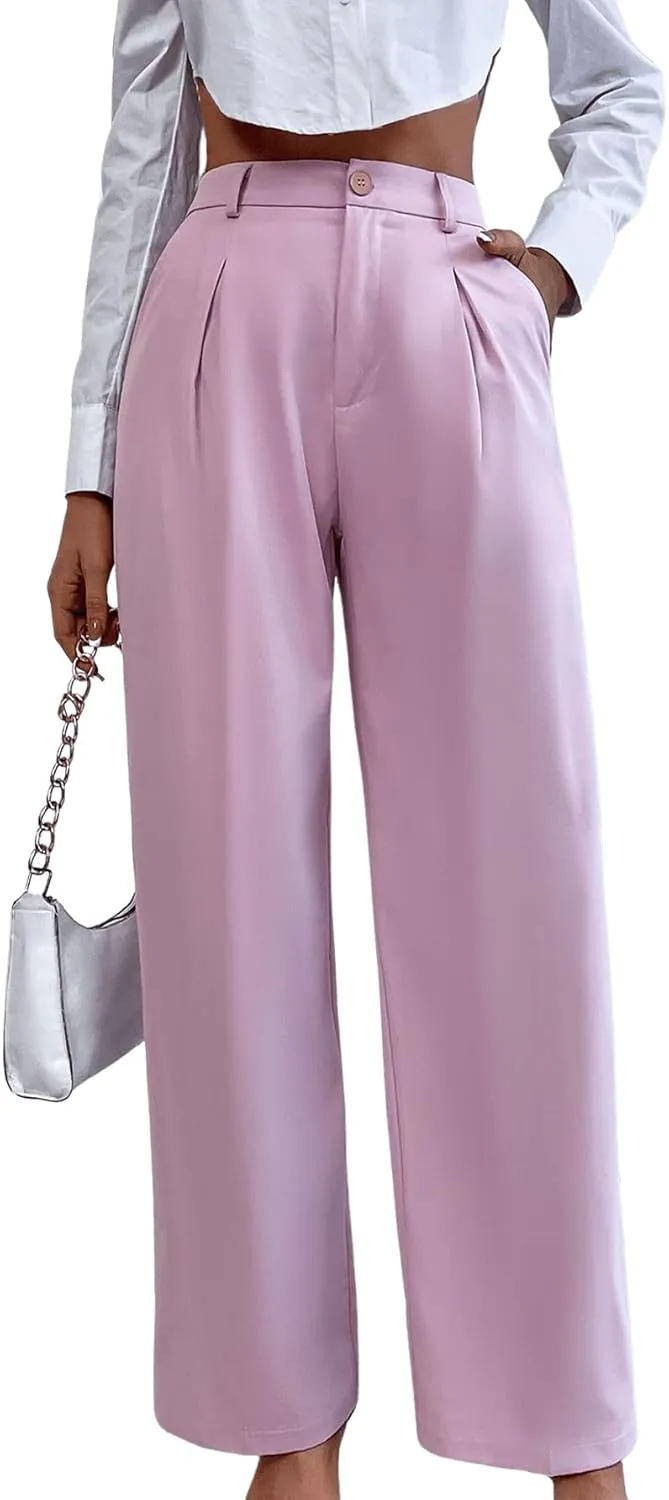 SweatyRocks Women's Casual High Waisted Wide Leg Pants Solid Pleated Loose Trouser Long Pants
