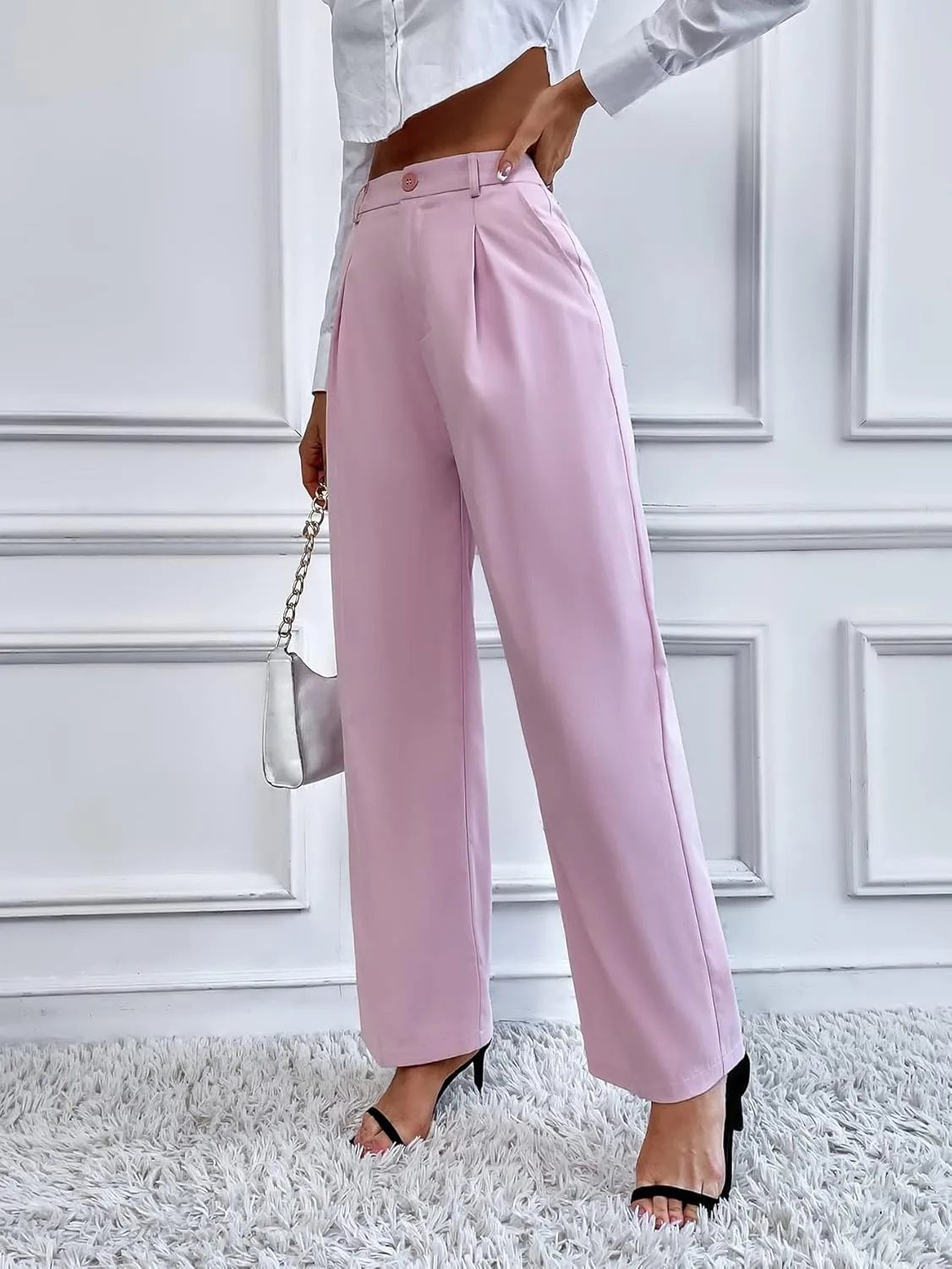 SweatyRocks Women's Casual High Waisted Wide Leg Pants Solid Pleated Loose Trouser Long Pants