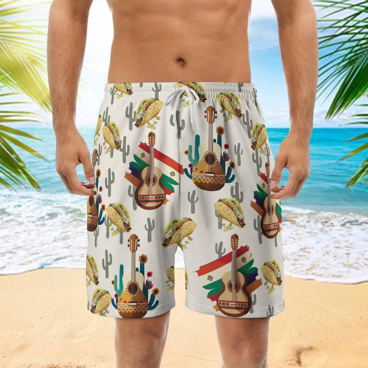 Tacos Mexico Mens Swim Trunks - Mexican Hawaiian Mens Shorts Casual - Summer Drawstring Beachwear Shorts PA30