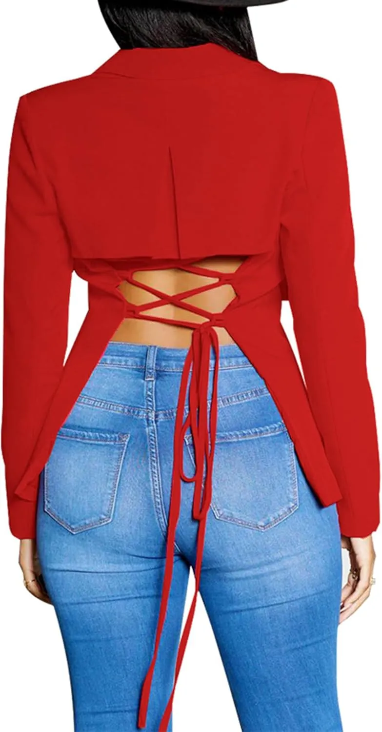 Tcremisa Women's 2024 Casual Lace Up Blazers Long Sleeve Open Front Backless Work Office Business Blazer Jackets